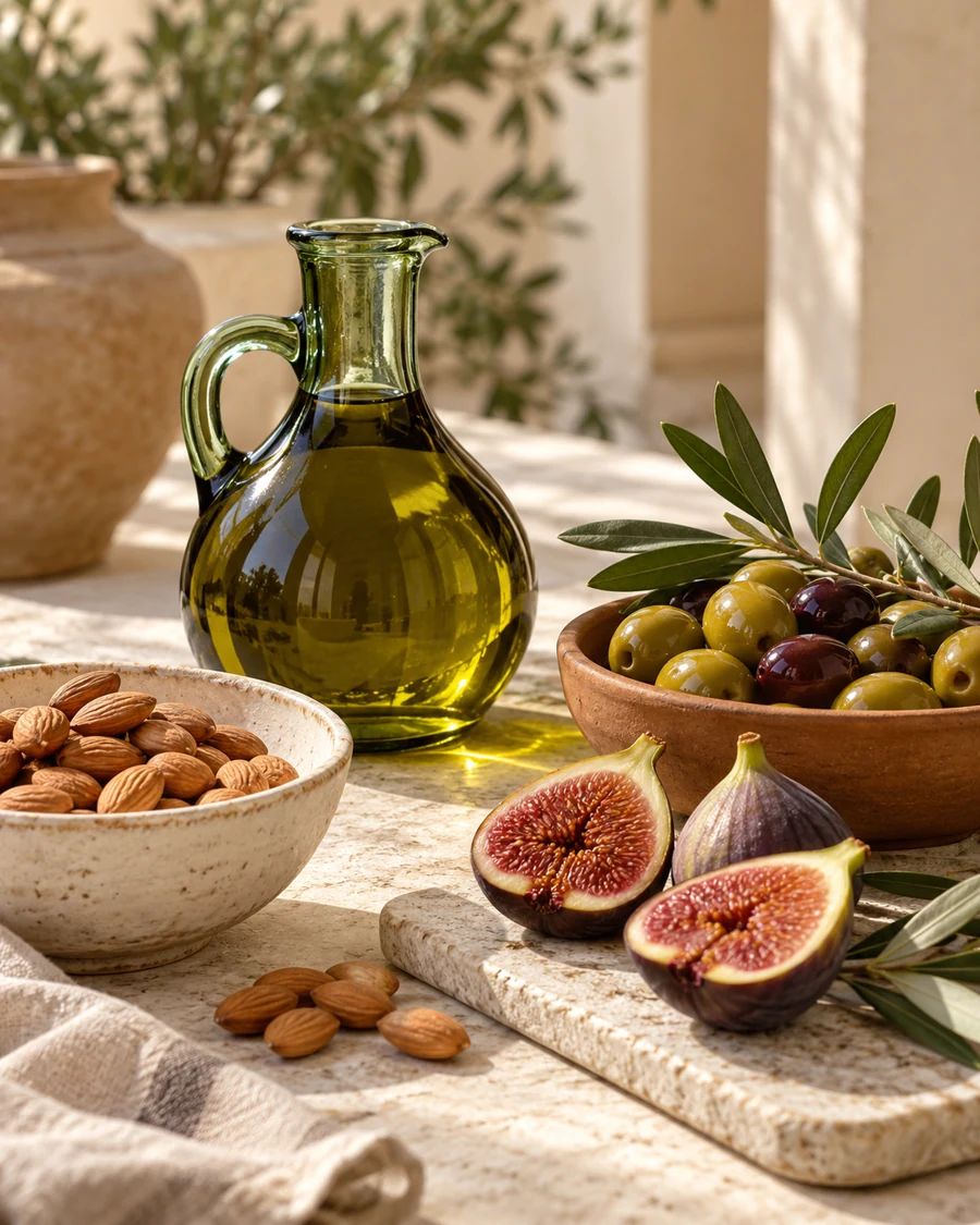 Aceite de oliva, aceitunas, almendras e higos en cerámica; fotografía ilustrativa generada con IA