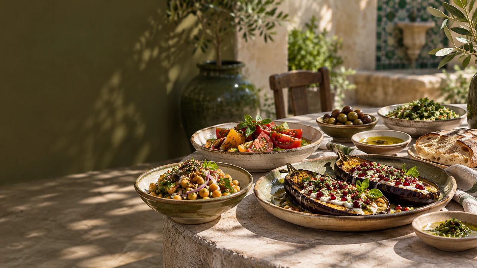 Mesa de inspiración andaluza con verduras asadas, garbanzos, aceitunas y cerámica artesanal; imagen ilustrativa